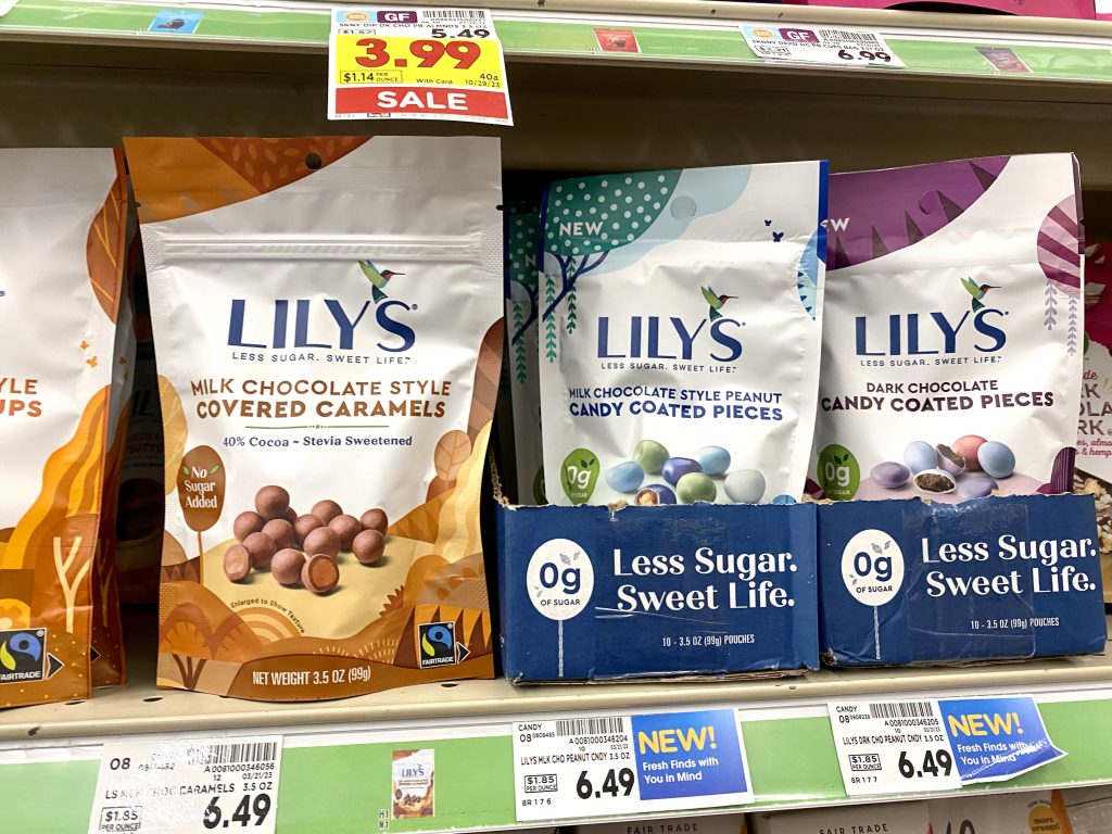 Lilys candy on store shelf. There are several flavors.