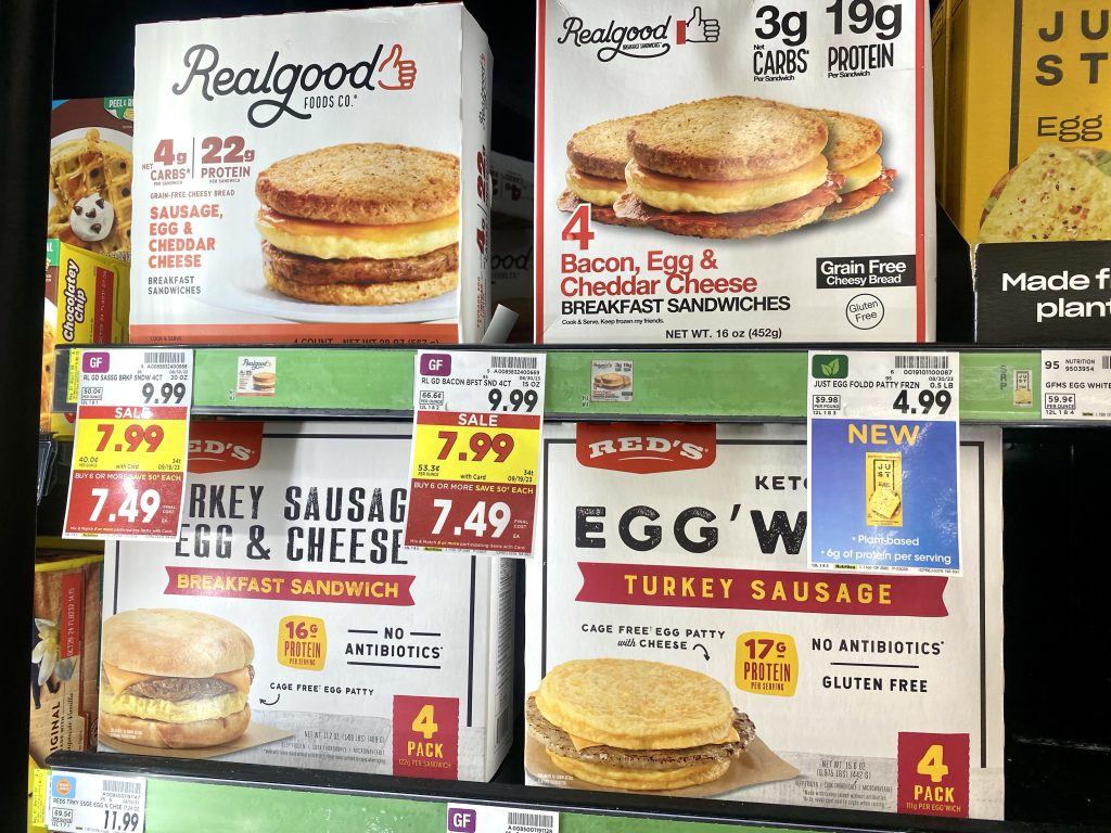 Low Carb breakfast sandwiches in freezer at store.