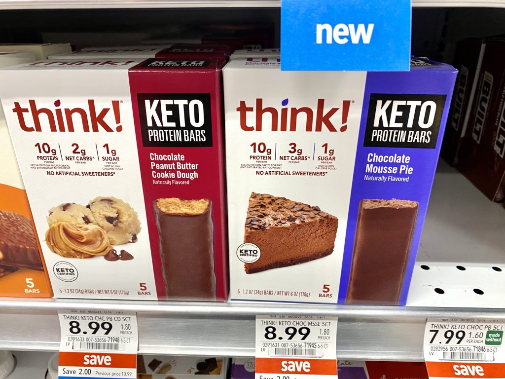 Boxes of Keto bars on grocery shelf.