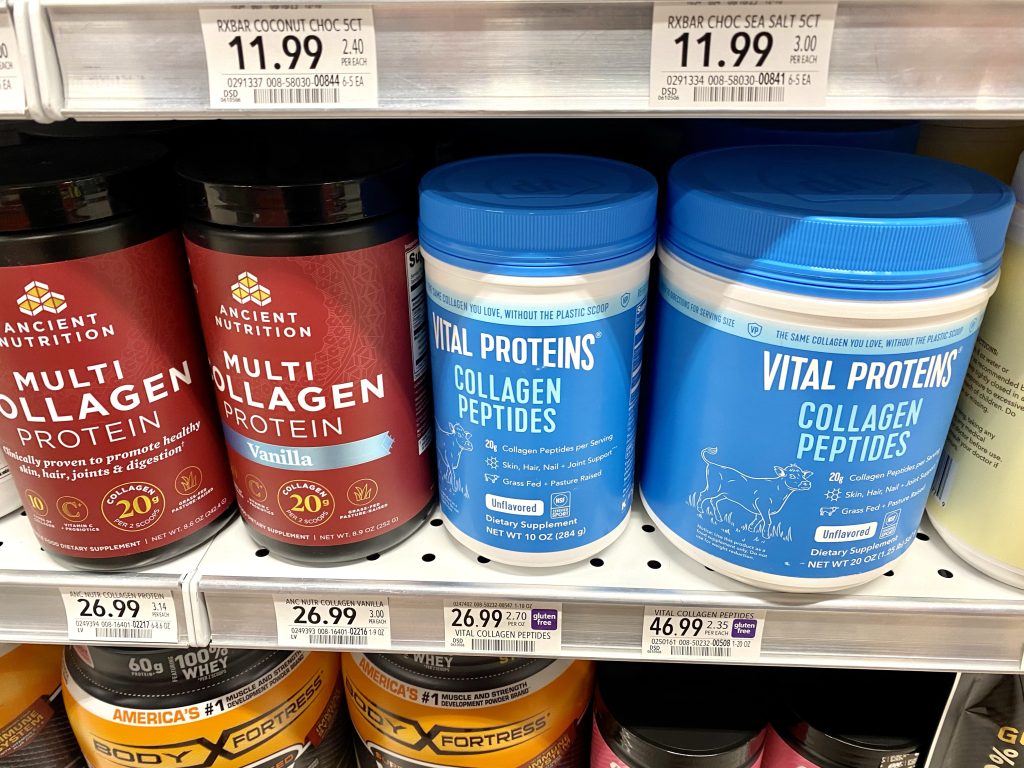 Collagen containers on a grocery shelf.