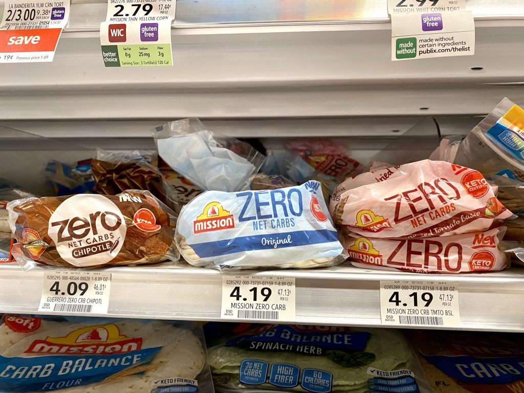 A variety of flavors of zero Carb tortillas.