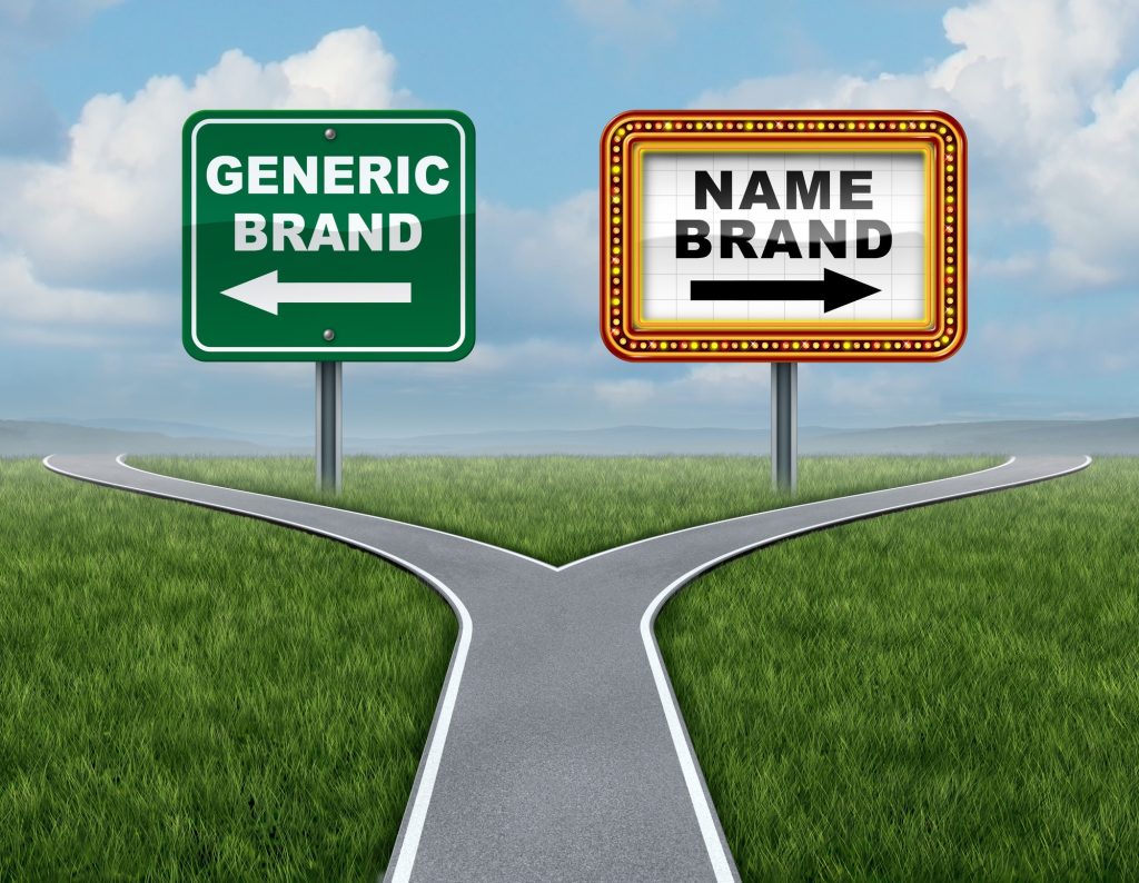 A graphic image that says generic brand on one side and name brand on the other.