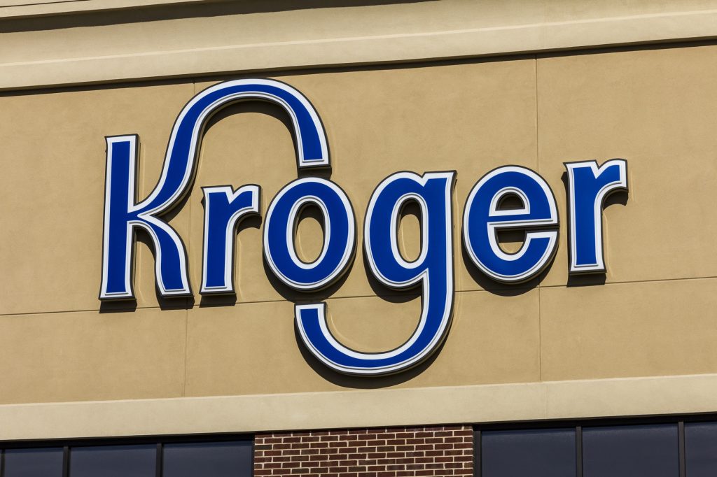 Kroger sign on the front of the grocery store.