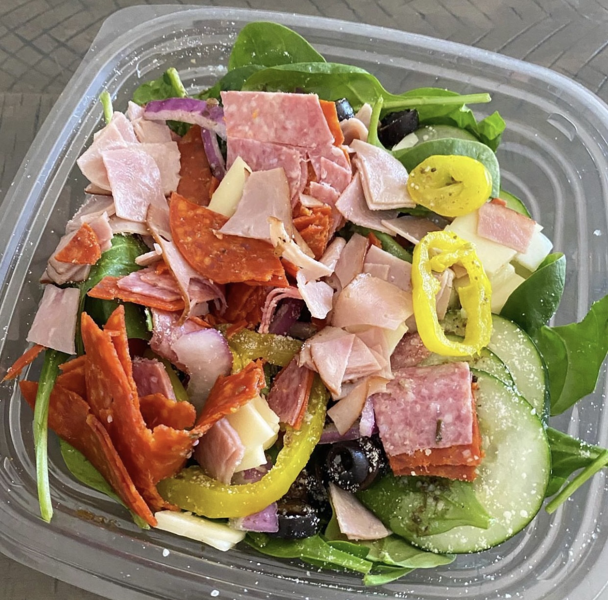 Subway Protein bowl with meats, lettuce and cheese.