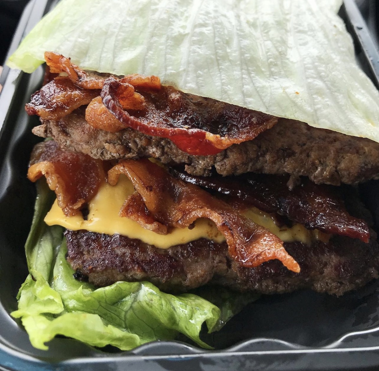 Wendys Baconator, no bun, lettuce wrapped.