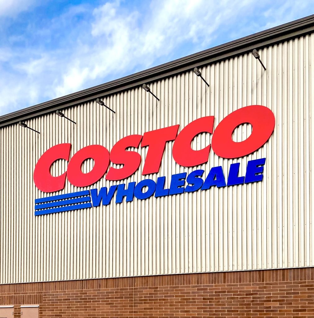 Costco lettering on building outside the costco warehouse store.