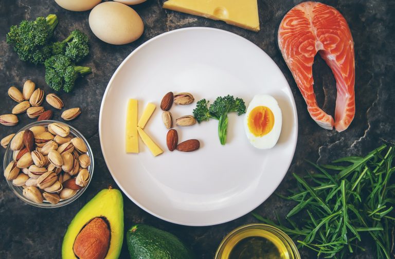 Foods on a plate spelling the word "keto".