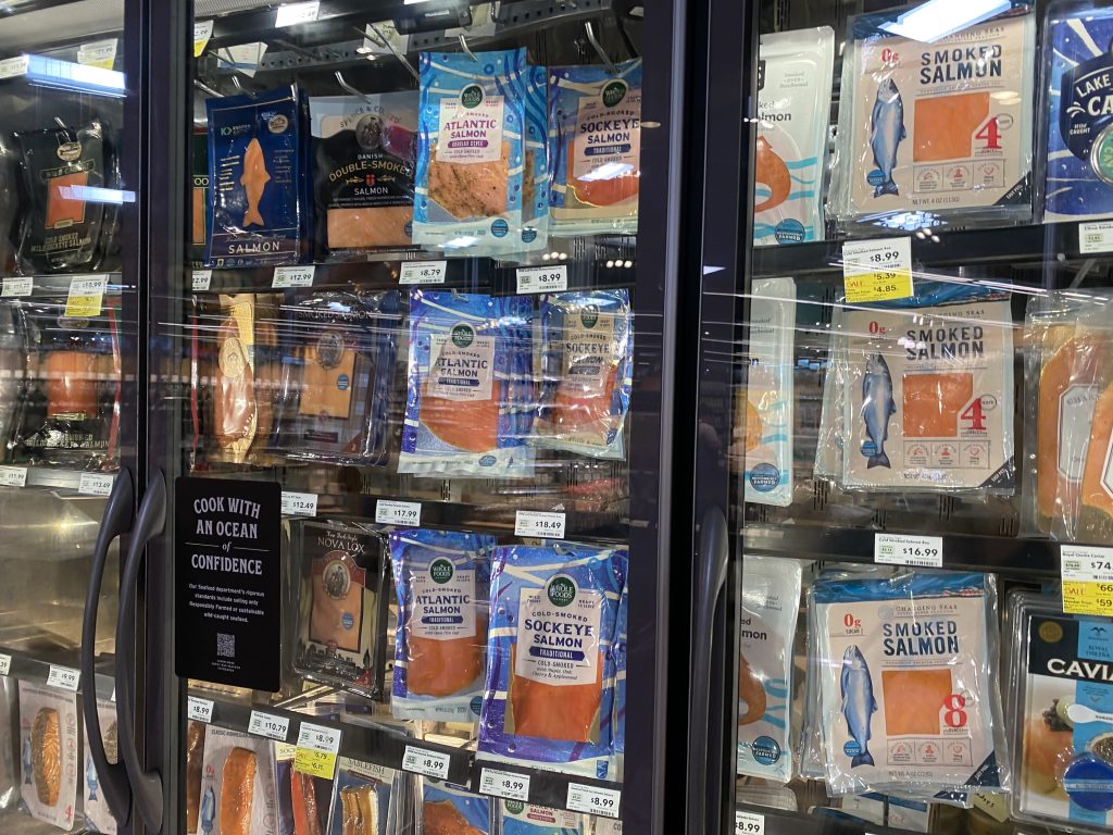 Smoked Salmon in the refrigerated section of the grocery.