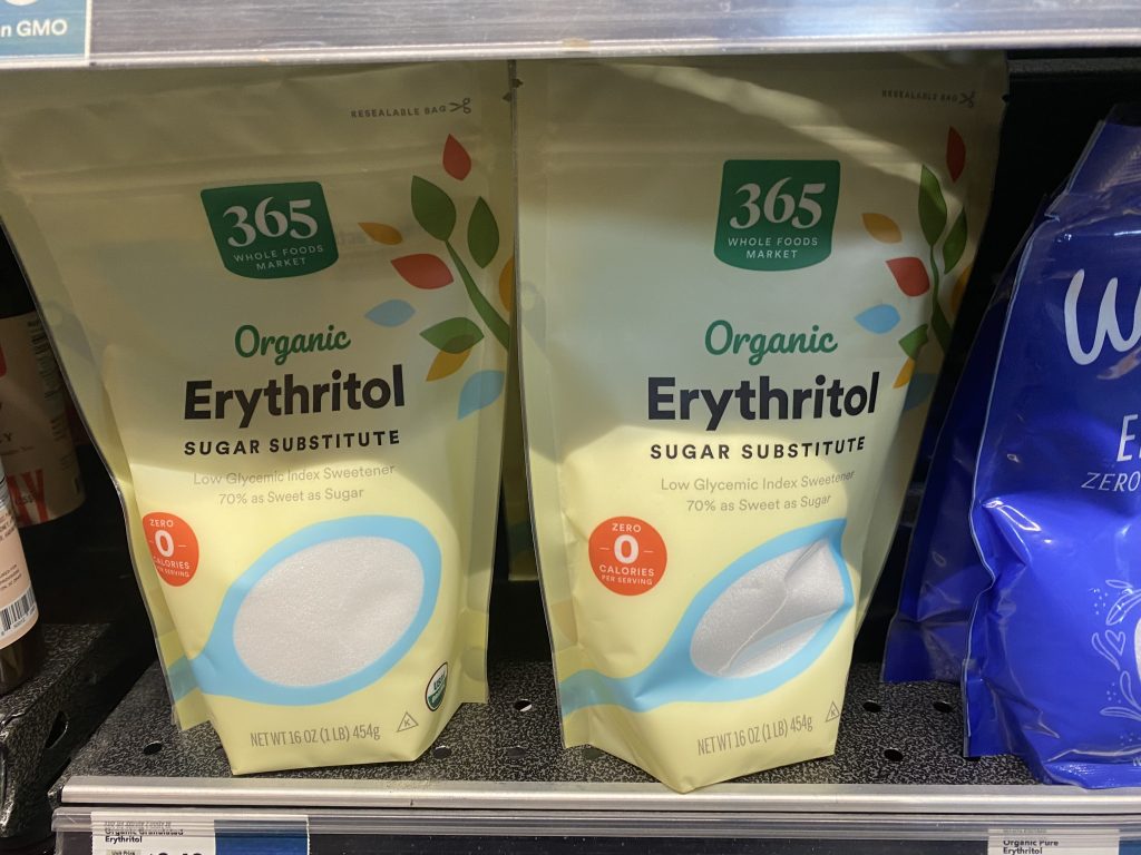 Packages of erythritol sweetener on the shelf at the grocery.