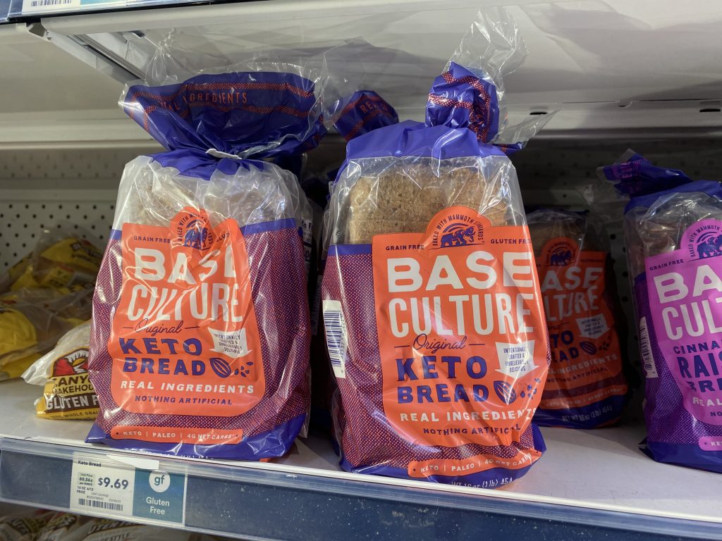 Packages of keto bread on the shelf at the grocery.