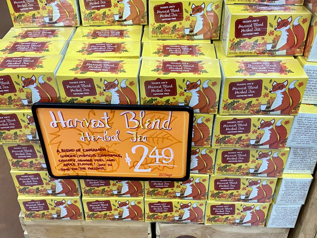 Boxes of harvest blend herbal tea at grocery.