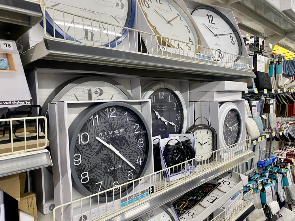 Decorative Clocks on Store shelf.