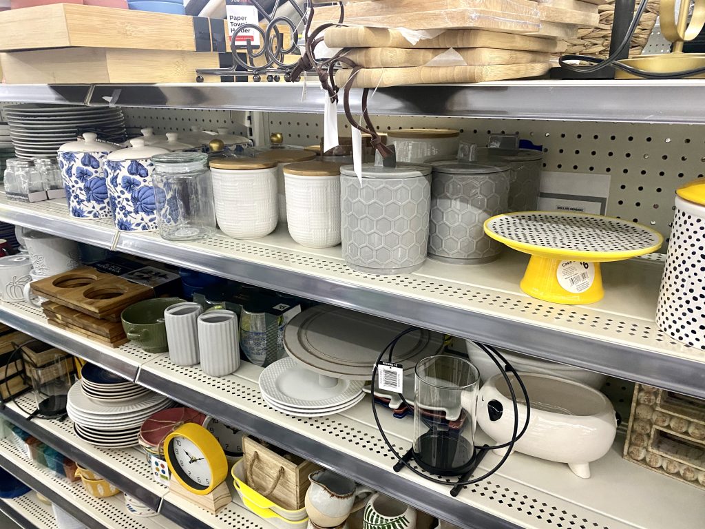 Kitchen accessories on a store shelf.