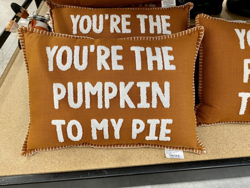Fall throw pillows at store, reads, you're the pumpkin to my pie.