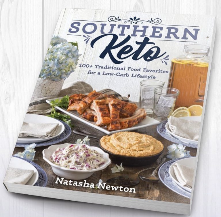 Southern Keto Cookbook Cover, By Natasha Newton. Sweet tea, ribs, Cornbread, coleslaw and hydrangeas on cover.