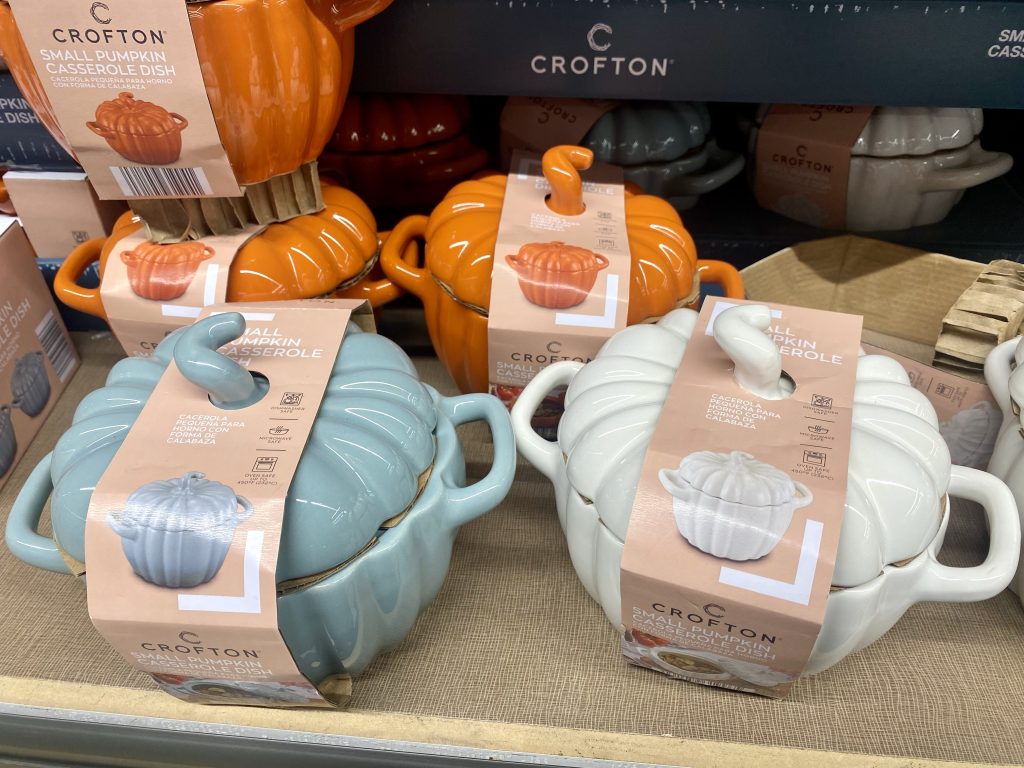 Pumpkin shaped casserole dishes at aldi.