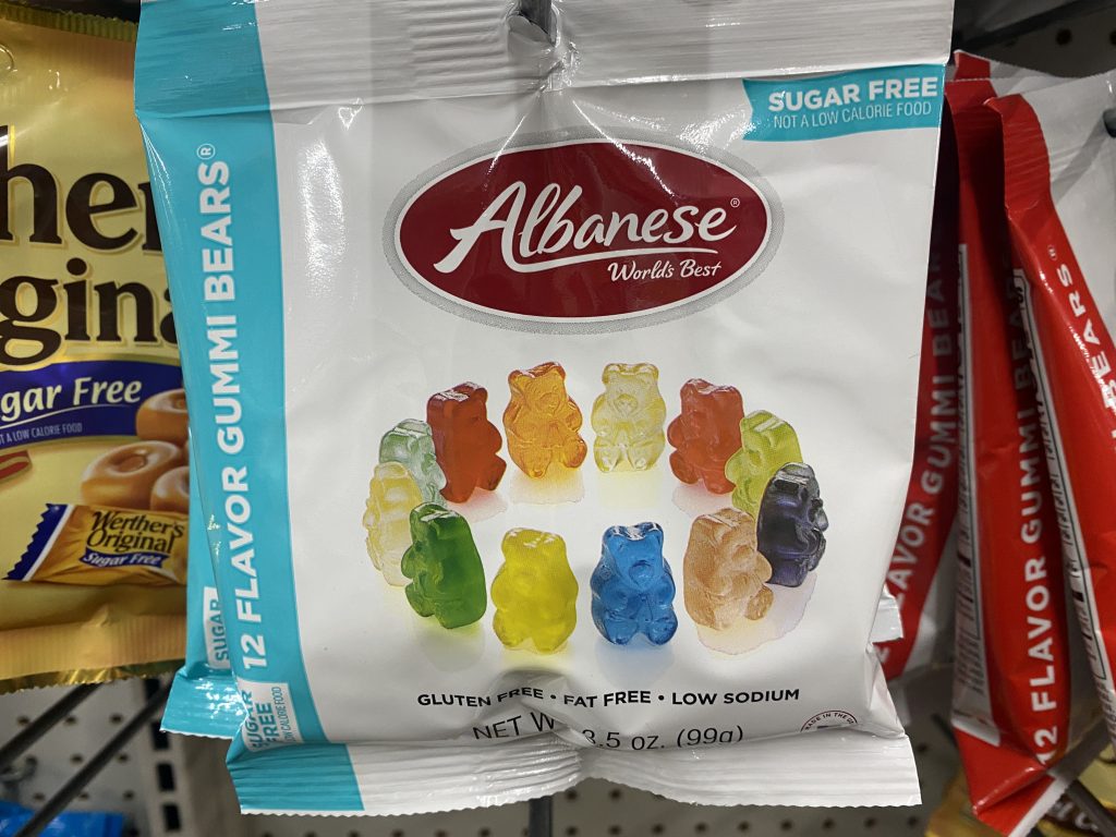 Sugar free gummy bears on store shelf.