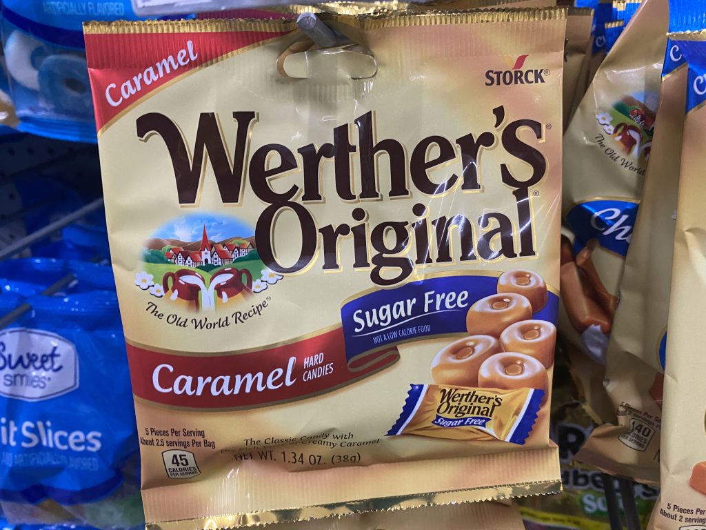 Werthers sugar free candy on store shelf.