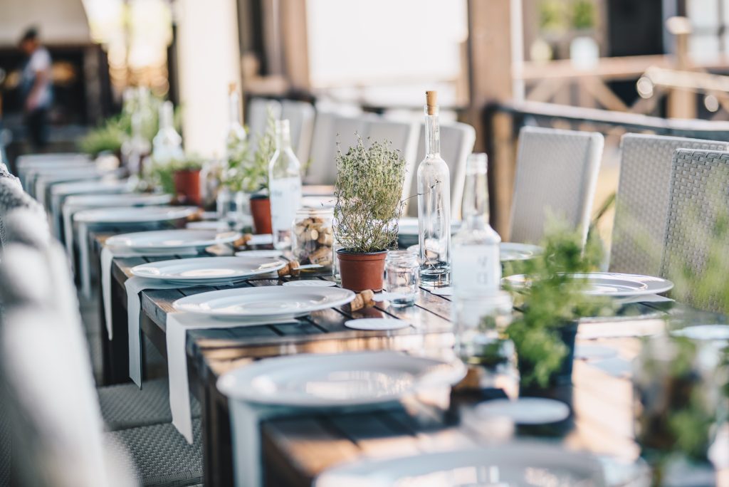 Eco Friendly Table scape with white plates and green plants.