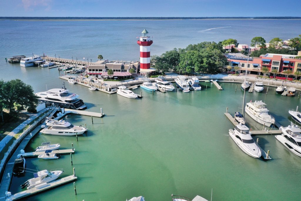 Red and white lighthouse at harbour town sea pines, hilton head sc.