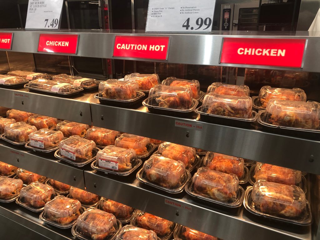 Rotisserie chickens at Grocery store.
