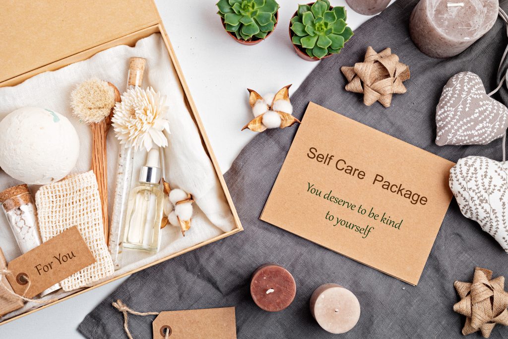 A gift basket with self-care items in it.