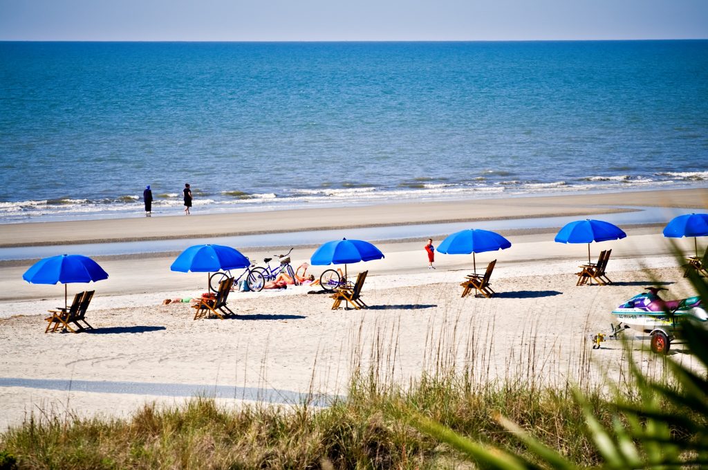 Hilton head island beach, many umrellas and beach chairs along the coast.