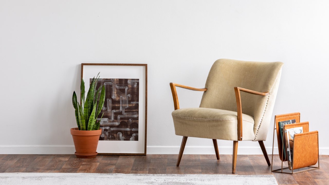 a chair next to a plant and magazine rack.