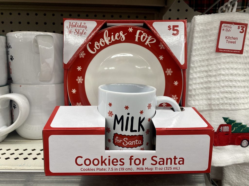 Plate and cup that say, cookies for santa.