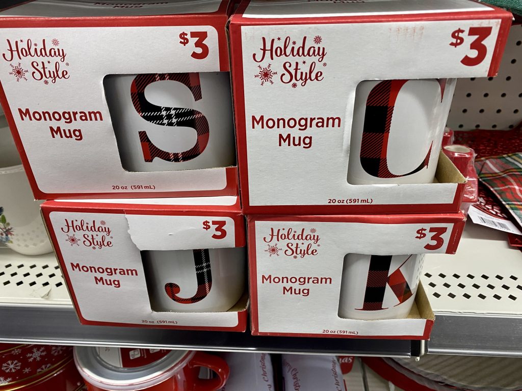 Monogrammed holiday mugs.