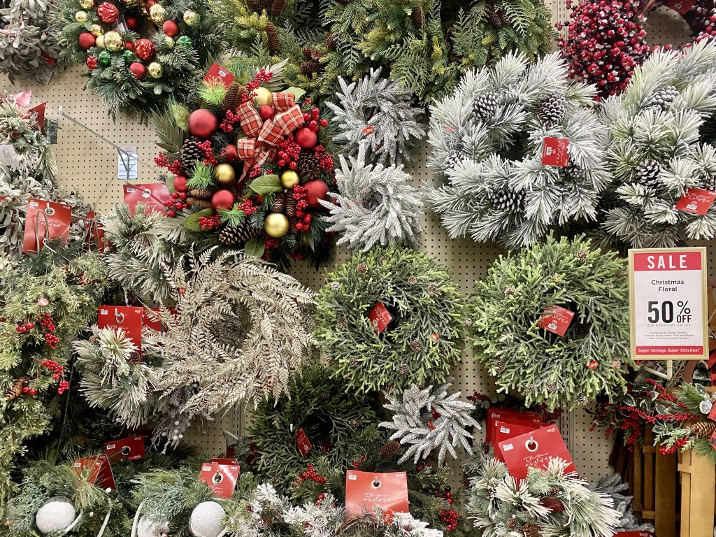 Christmas wreaths at Hobby Lobby.