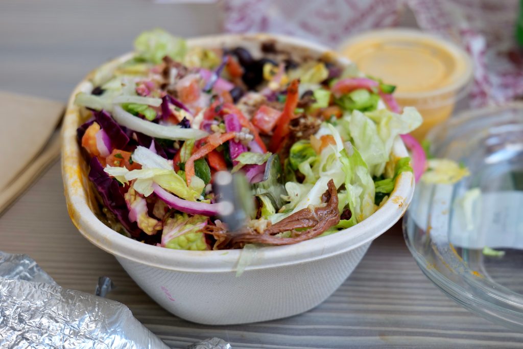 Burrito bowl from a restaurant.