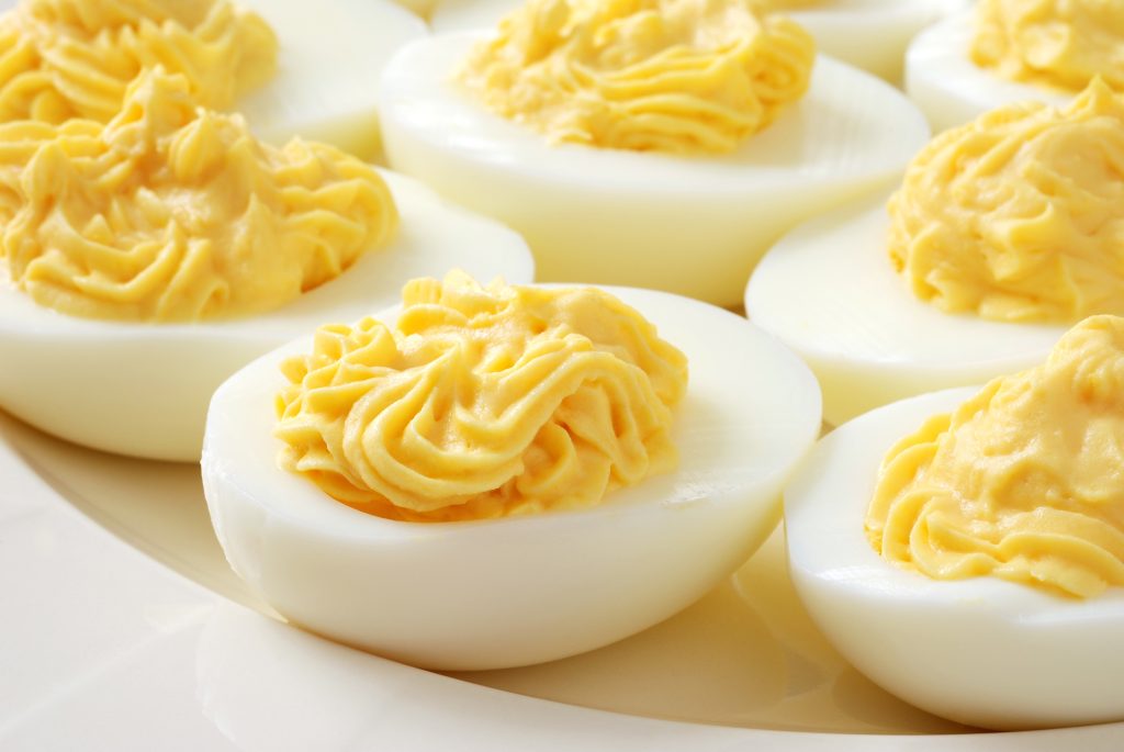 a plate of deviled eggs.