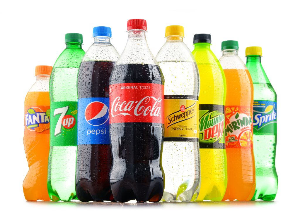 A variety of soda bottles.